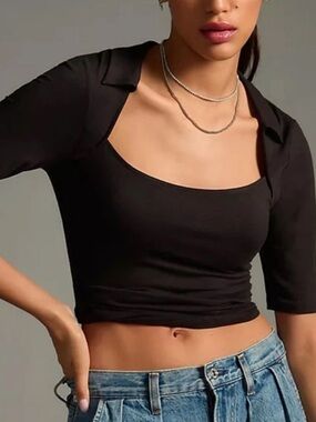 Anthropologie Women’s Black Collared Square Neck Crop Tee Medium 90’s minimalist